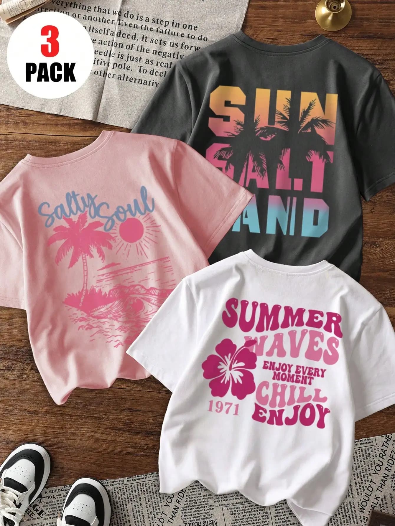 3pcs/Set Girls' Casual Printed Round Neck Short Sleeve T-Shirt, Summer Student Young Cute Minimalist Outdoor Top