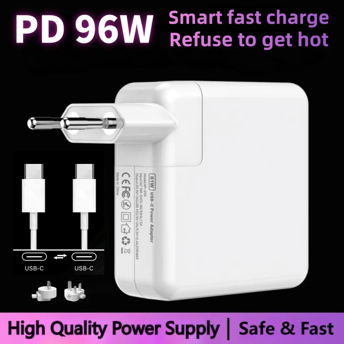 Adattatore di alimentazione USB-C per laptop caricabatterie MacBook da 96 W per MacBook Pro M1 M2 MacBook Air A2337 A1706 Adattatore di alimentazione Caricatore rapido