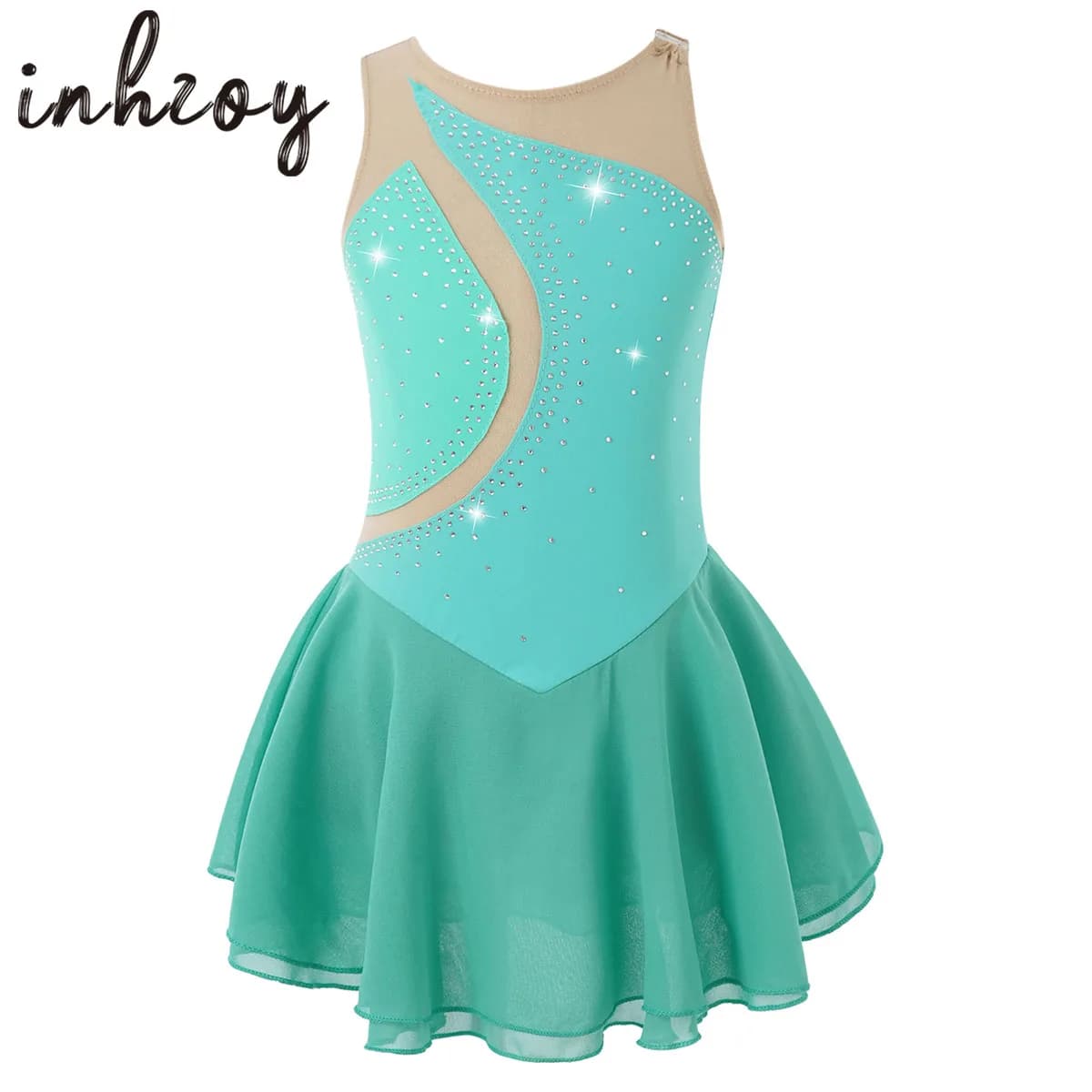 Bambini Ragazze Maglia Strass Ginnastica Body Performance sul palco Pattinaggio di figura Vestito Chiffon Skater Costumi da competizione di danza