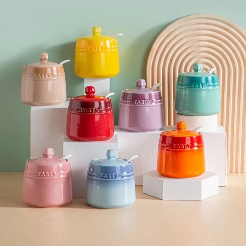 Colorful Ceramic Seasoning Jar with Lid and Spoon Set Spice Condiment Container for Salt Sugar Pepper Kitchen Countertop Storage