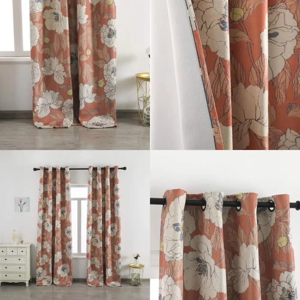 Privacy curtains in fake orange linen with floral pattern for living/bedroom, 52x108 inch, cable gland (2 panels)