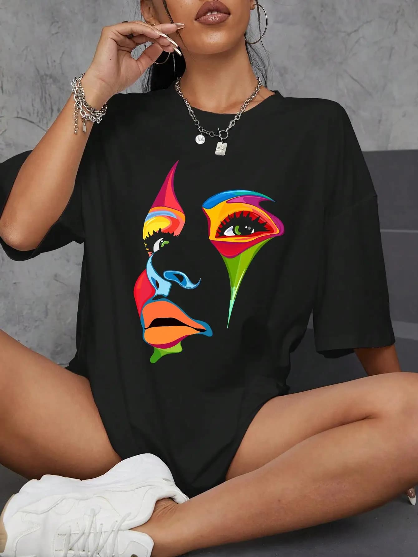 Painted Lady Face Personality Design Print T Shirt Female Street Comfortable T-Shirt Soft Casual Tops Breathable Short Sleeve