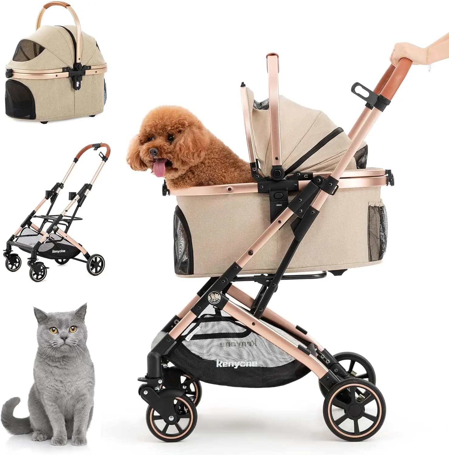 Passeggino 3-in-1 per Animali Domestici per Uso Esterno, in Lega di Alluminio, Kaki, con Trasportino e Tappetino Rimovibili, Leggero, Pieghevole, Doppio Ingresso Senza Cerniere