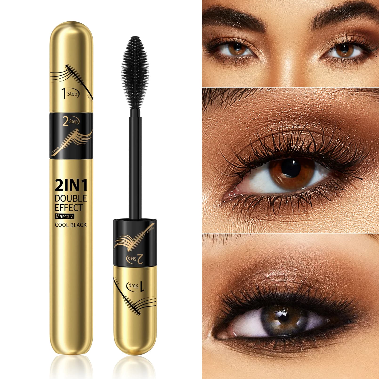 Mascara Double Effect in One Unique Product, Mascara with Silk Fibers Waterproof for Extension Eyelashes, Black, Volumizing & Stretching, Cosmetic for Eyes