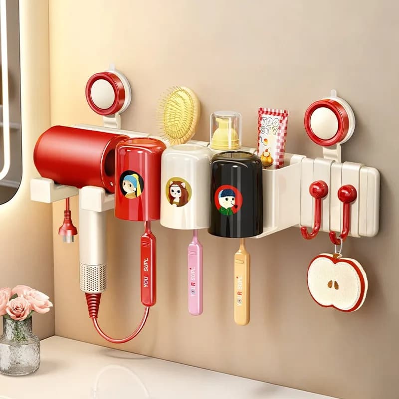 Set porta spazzolino e porta asciugacapelli con ventosa, nuovo, per bagno, senza foratura, con porta bicchieri per lavaggio