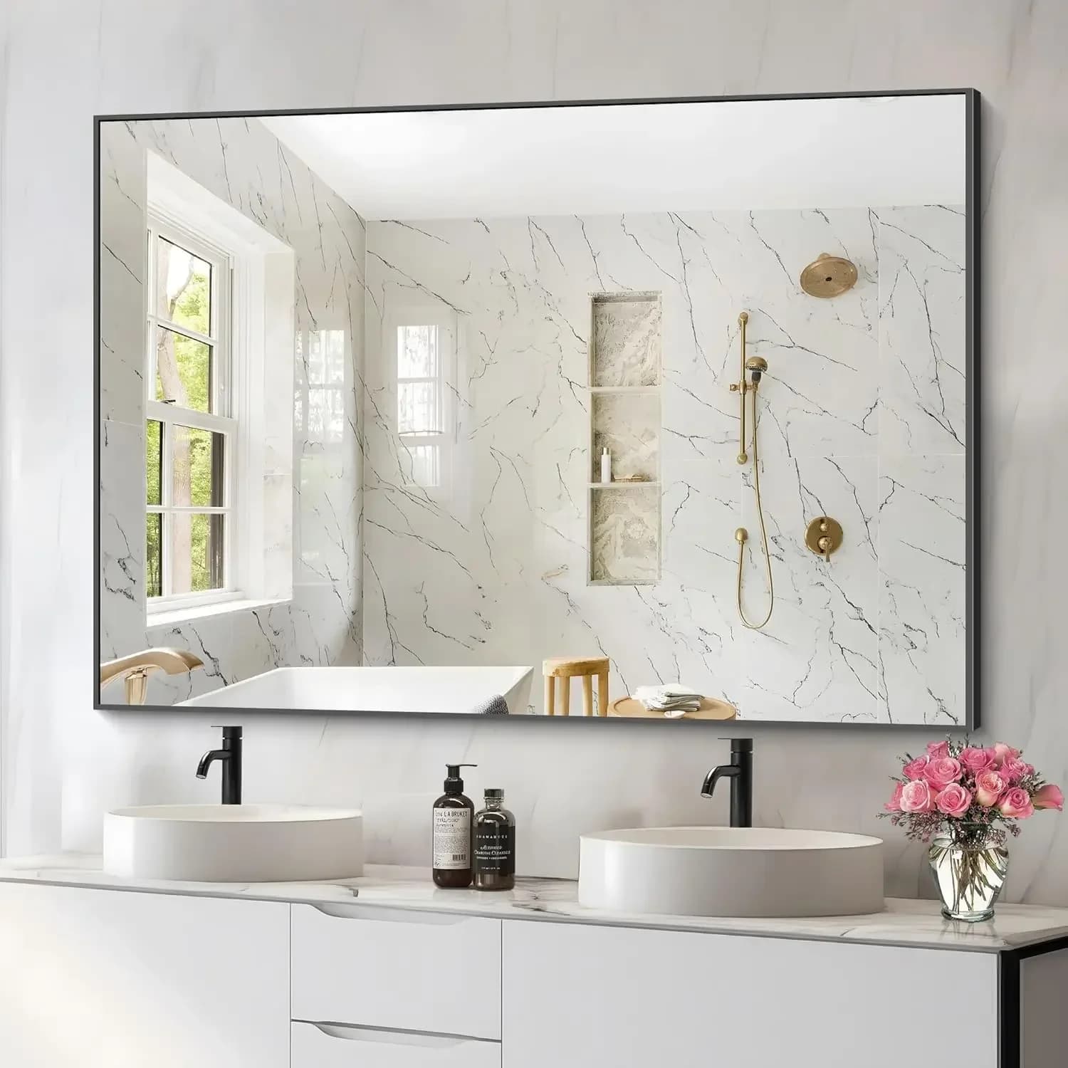 Specchio da Bagno 36x50 Pollici, Specchi Rettangolari Neri con Cornice Sottile in Metallo, Grande Specchio da Parete Rettangolare per Bagno