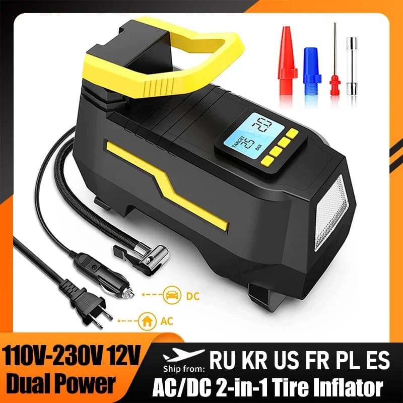 Compressore d'aria portatile AC/DC 2-in-1 Gonfiatore per pneumatici 110V-230V Pompa d'aria per pneumatici per auto con spegnimento automatico per auto moto bicicletta