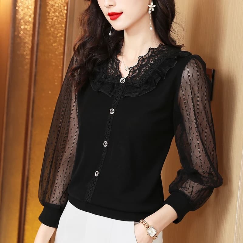Autunno Nuovo A Maniche Lunghe Con Scollo A V Vestiti Delle Donne di Modo Sexy Scava Fuori Maglia Magliette E Camicette Elegante Sottile Patchwork di Pizzo Nero T-Shirt