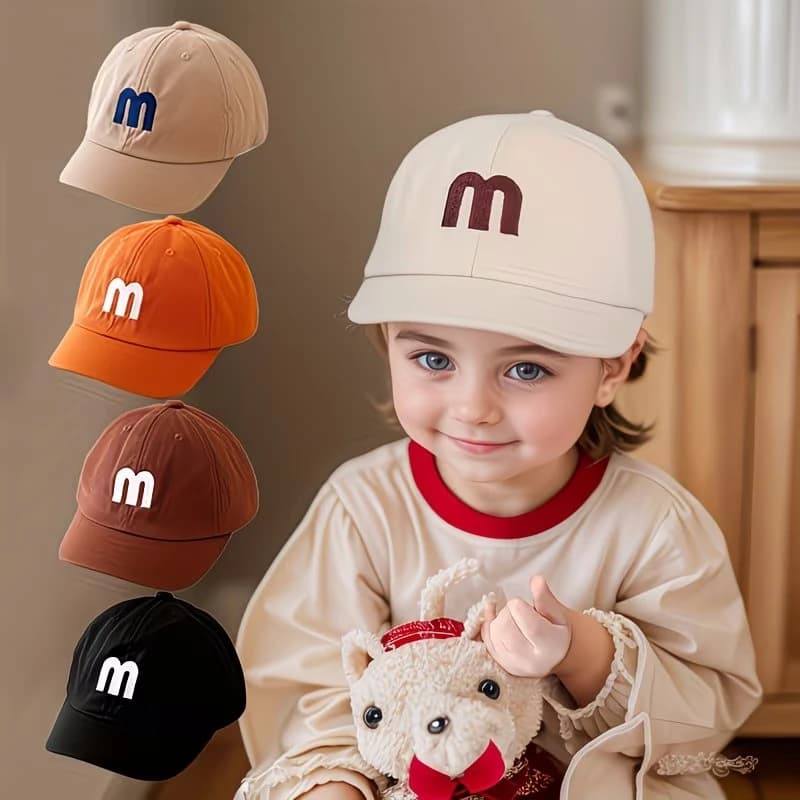 Cappellino da Baseball per Bambini con Lettera M Ricamata, Cappello Snapback Tinta Unita per Bambini e Bambine, Cappello Estivo Casual con Visiera Parasole