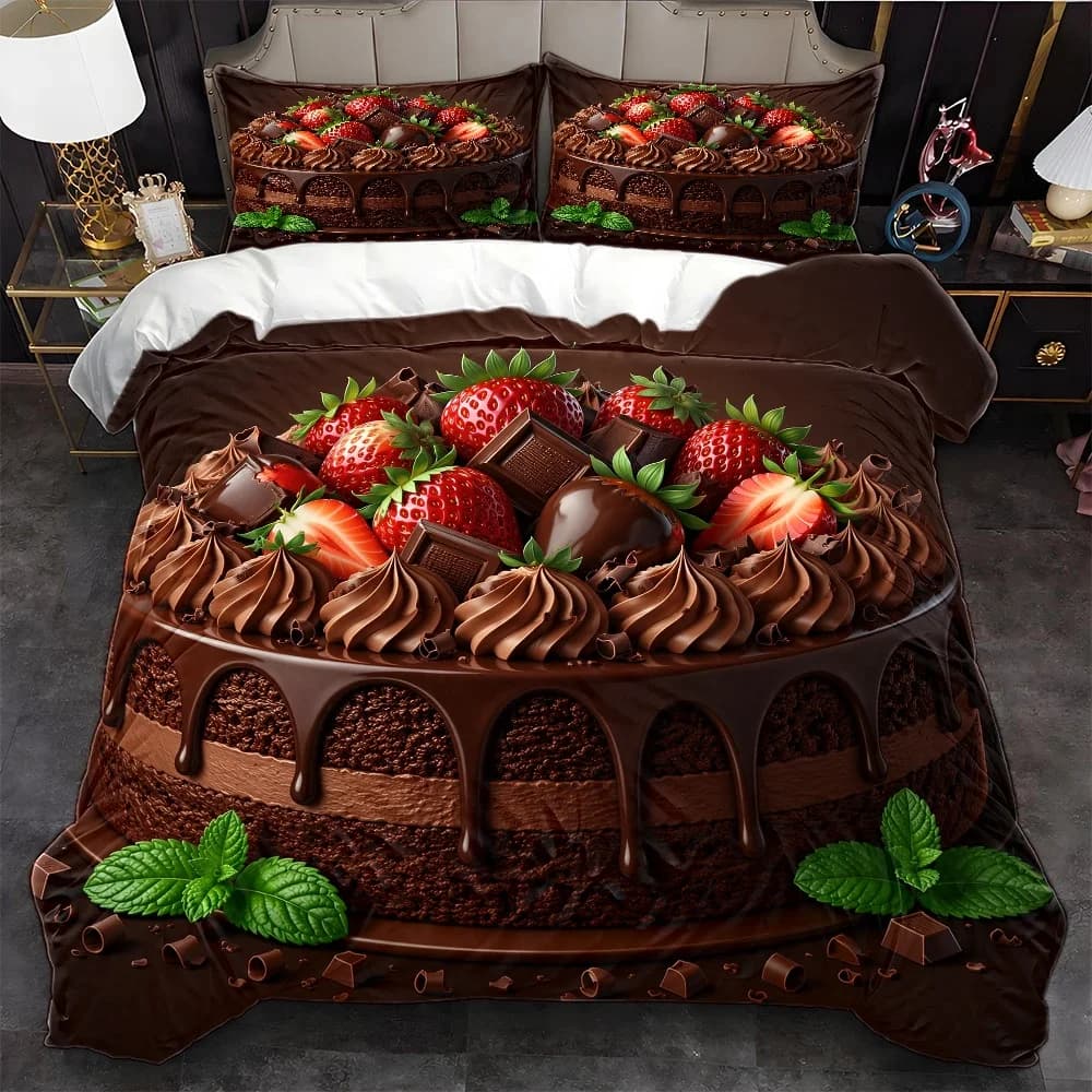 3Pc Chocolate Strawberry Theme Duvet Cover Set, Three-Piece Bed Set (1*Duvet Cover + 2*Pillowcases), Suitable for All Seasons, Machine Washable, Invisible Zipper Design, Large Double Bed Cover, Suitable for Home, Dormitory, Master Bedroom, Guest Room, Exquisite Chocolate Strawberry Pattern, Comfortable and Skin-Friendly Bedding, Stylish Bedroom Decoration, High-Quality Bedding Set with 2D Flat Print