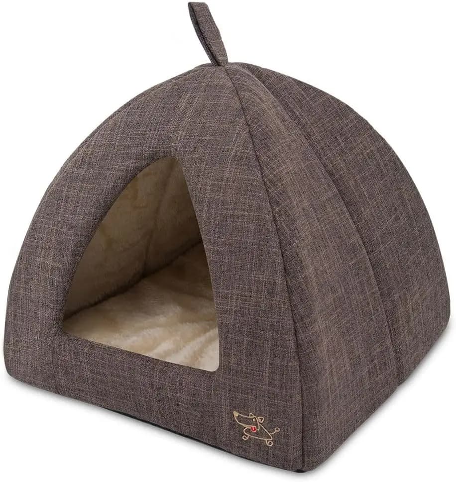 Cuccia per cani, cuccia a tenda, materassino rotondo morbido in peluche per interni, per razze piccole, medie e grandi - Lino marrone, 40,6 cm x 40,6 cm x H:35,6 cm
