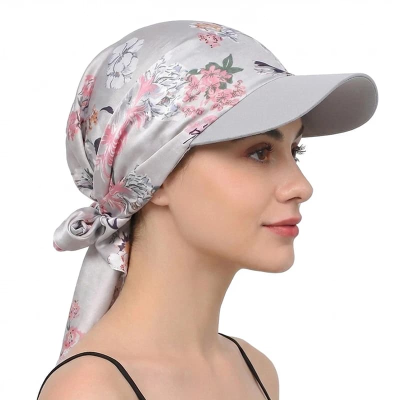 Women Fashion Printed Satin Headscarf Hat with Brim Sun Hats Summer Soft Breathable Headscarf Caps Baseball Cap