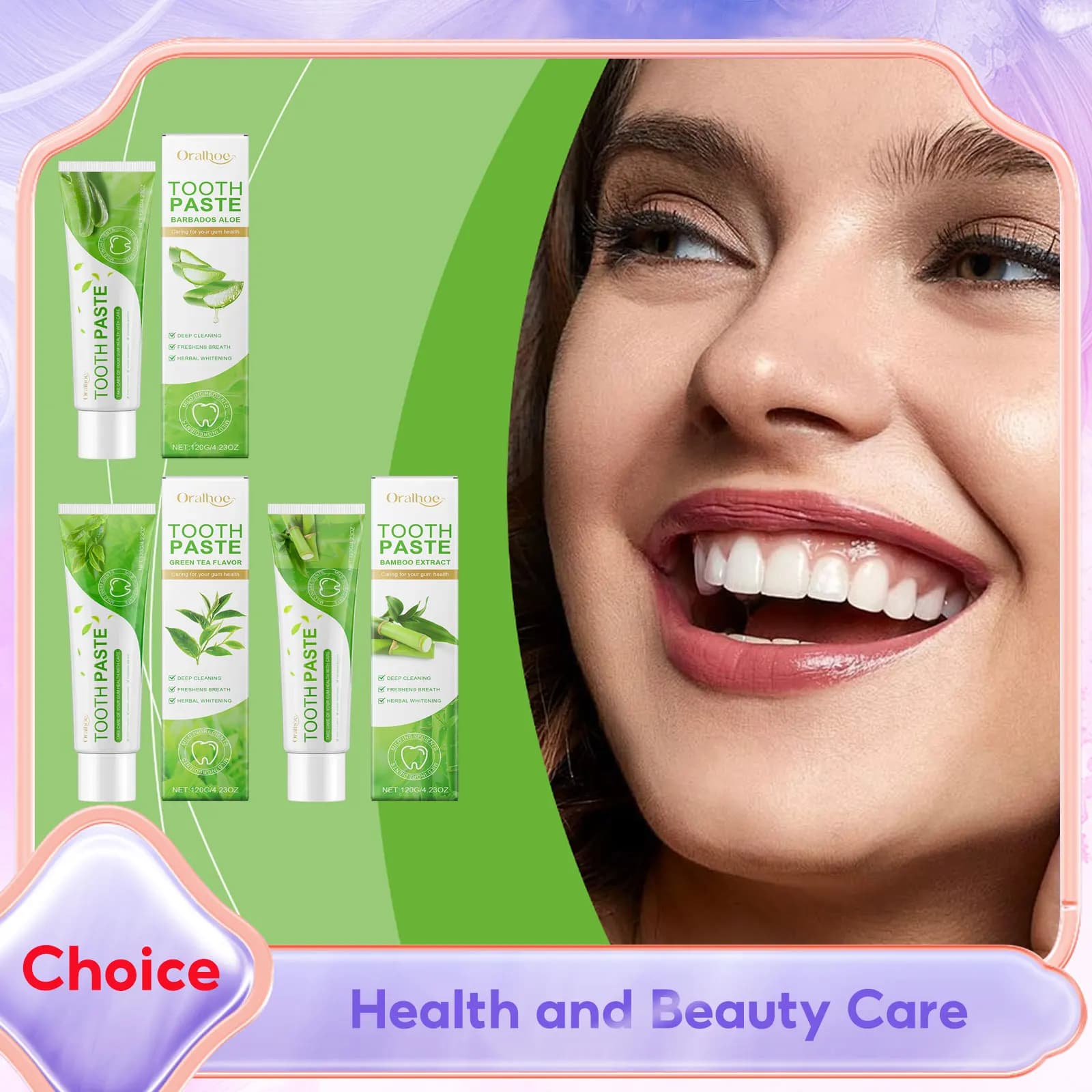 Natural toothpaste at aloe Green Tea Bamboo Help soothe gums Reduce plaque Refresh breath Gentle cleaning Teeth whitening Oral hygiene