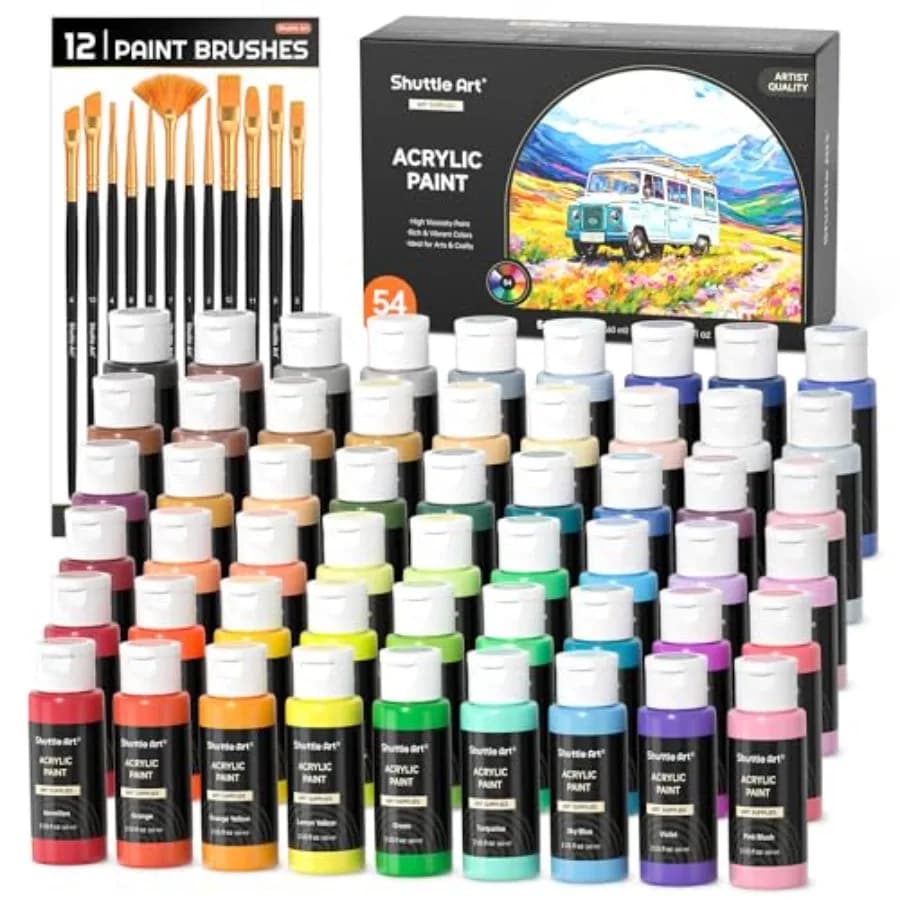 54 colori di vernice acrilica, set di vernici acriliche con 12 pennelli, flaconi da 2oz/60ml, ricca pigmentazione, impermeabile, vernici di alta qualità