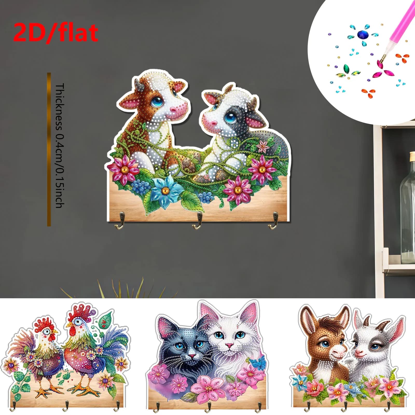 1 Set of animal diamond painting, key hook, DIY suitable for hangers, towels, hat holder and wall keychain