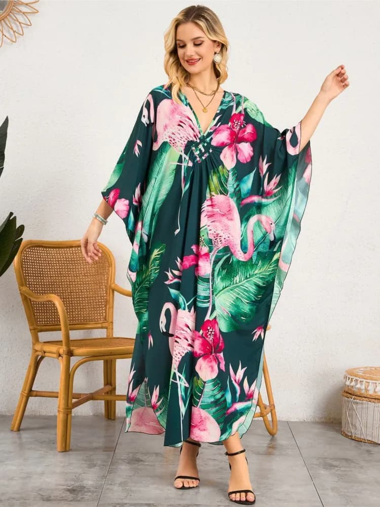 Copricostumi Estivi da Donna, Abito da Spiaggia a Maniche 3/4, Nuovo Modello 2026 con Stampa Floreale, Vestito Lungo per Vacanze al Mare