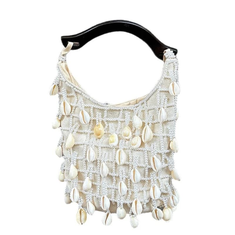 Borsa a mano con nappa con perline di perle fatta a mano Borsa da sera hobo ricamata da donna con manico in legno alla moda Borsa da banchetto a tracolla semplice