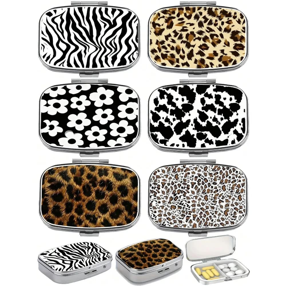 Portapillole in polipropilene con stampa leopardata e motivo bianco e nero a 2 scomparti, custodia portatile quadrata per vitamine, scatola decorativa per la conservazione dei farmaci, adatta per portafoglio e viaggi
