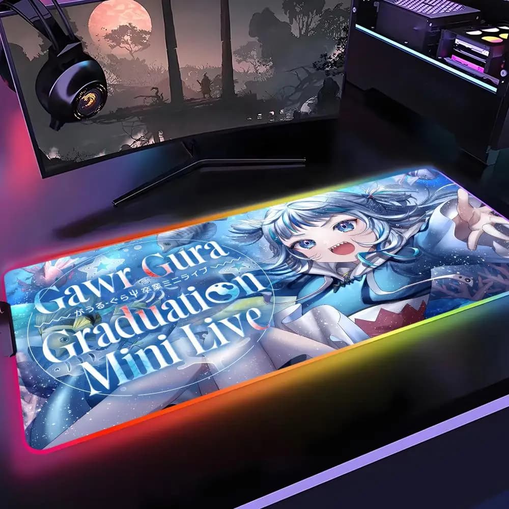 Tappetino per mouse Hololive Gawr Gura Gamer Rgb Desk Mat Tappetino per mouse con retroilluminazione a LED Accessori per gaming Tappetino per mouse grande con retroilluminazione