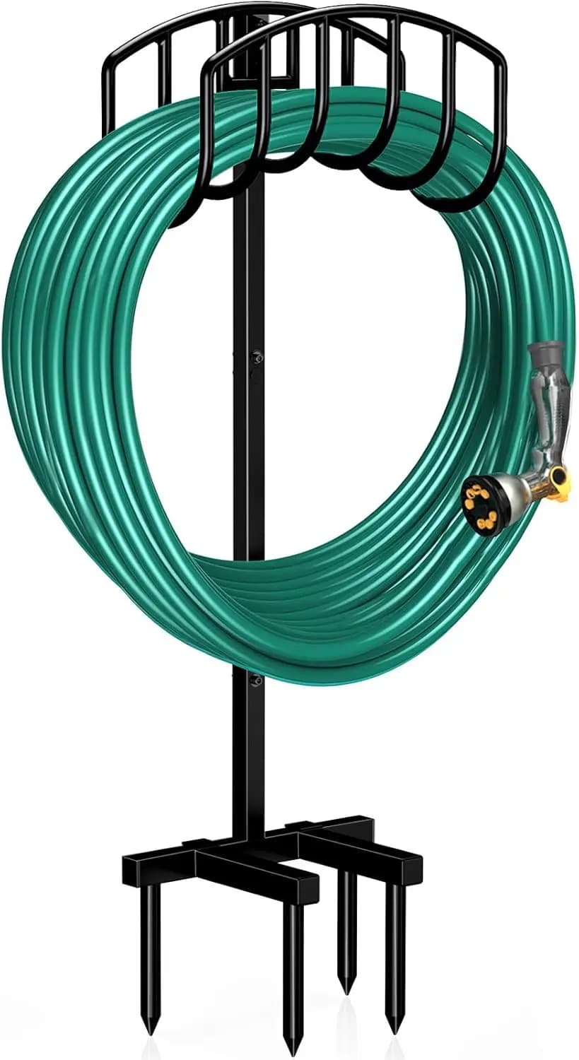 Supporto per Tubo da Giardino in Metallo Resistente, Portaoggetti Autoportante Smontabile per Uso Esterno in Nero