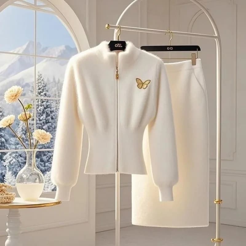 New Luxury High End Woolen Knitted Women's Two Piece Set Elegant Embroidery Long Sleeve Sweater + Slim Skirt Solid Color Suit