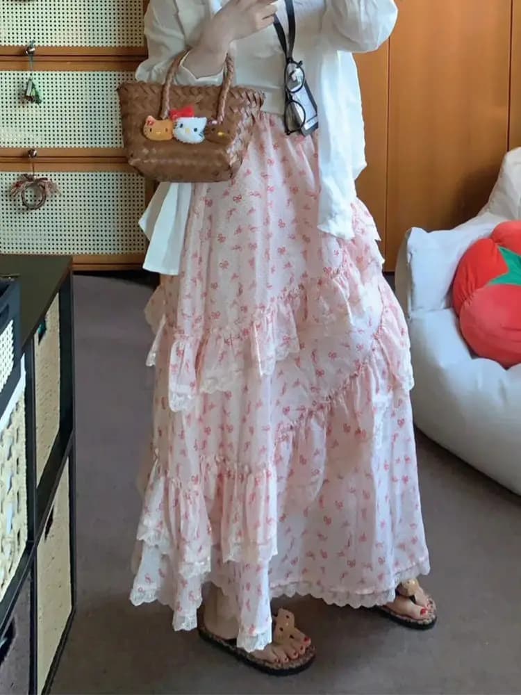 Gonna estiva con stampa fiocco rosa dopamina Ragazza dolce Elegante pannello a vita alta Design Torta Maxi Gonna Corea Chic Abiti casual Nuovo