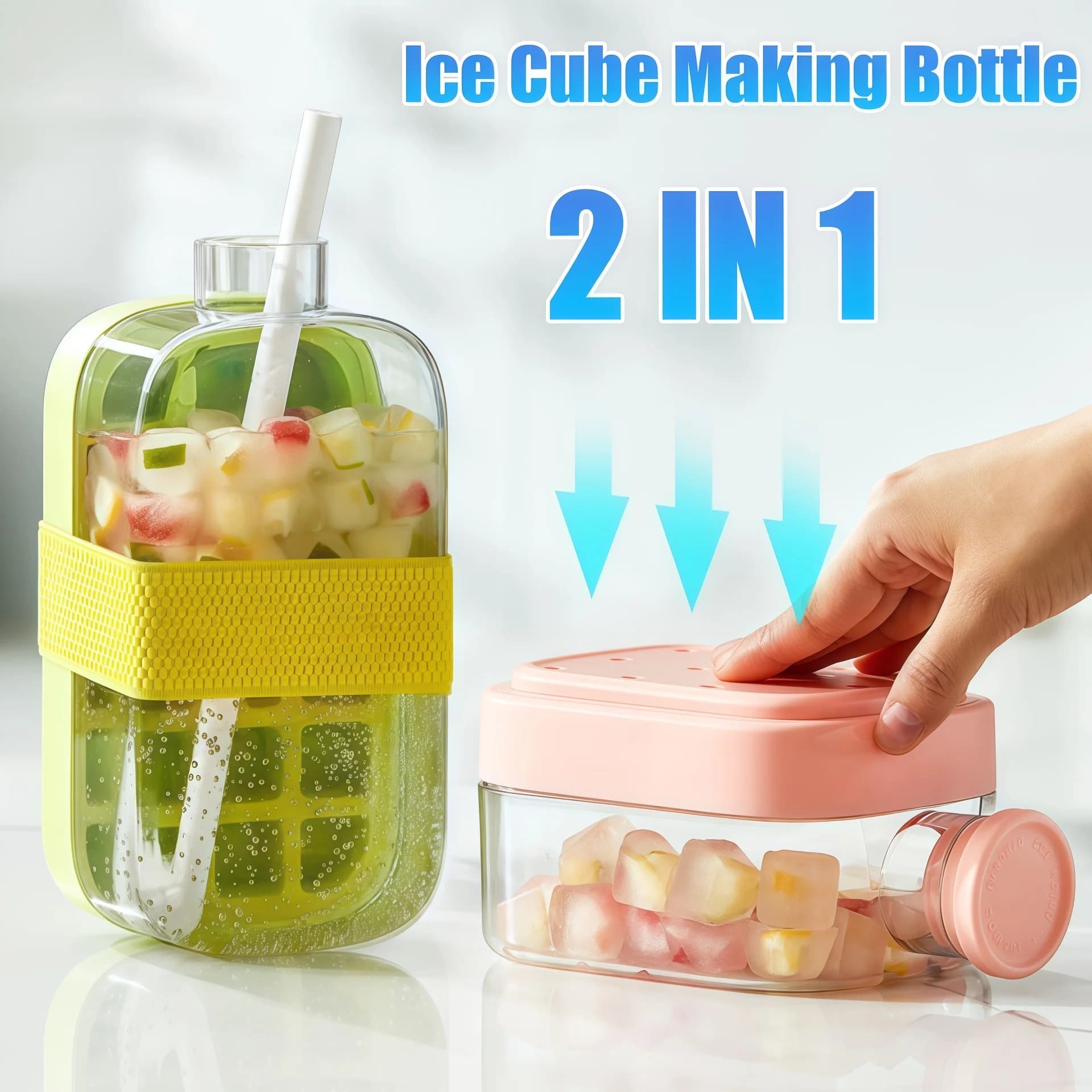 2in1 Ice Maker Ice Cube Tray with Lid Straw NO TOUCH Silicone Ice Cube Cup for Fridge NO SPILL Ice Mold for Freezer Water Bottle