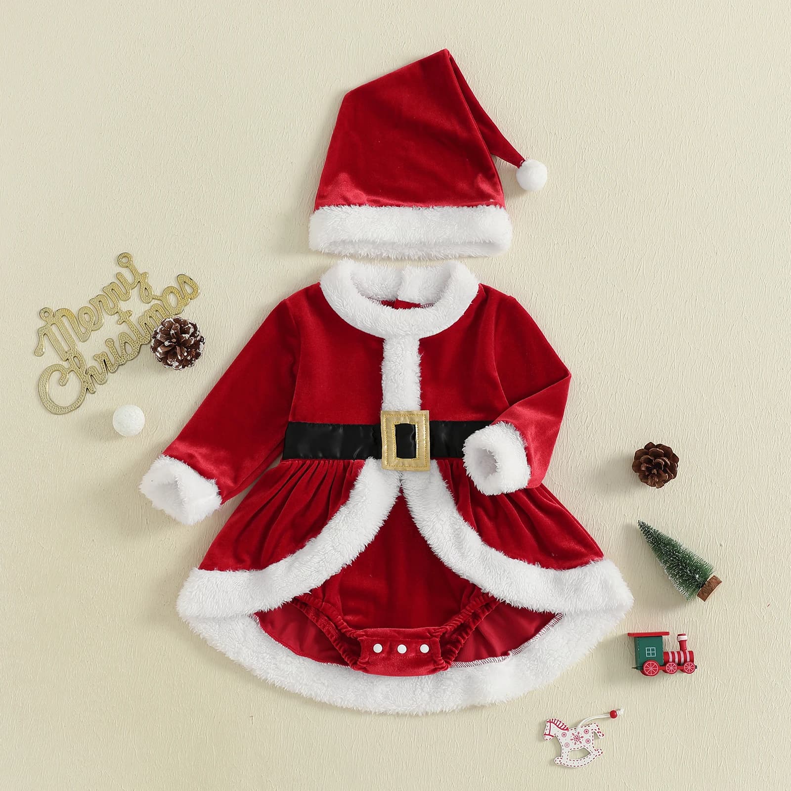 Baby Girls Christmas Romper Dress Plush Patchwork Long Sleeve Jumpsuits and Cute Santa Hat Set for Toddler Outfits
