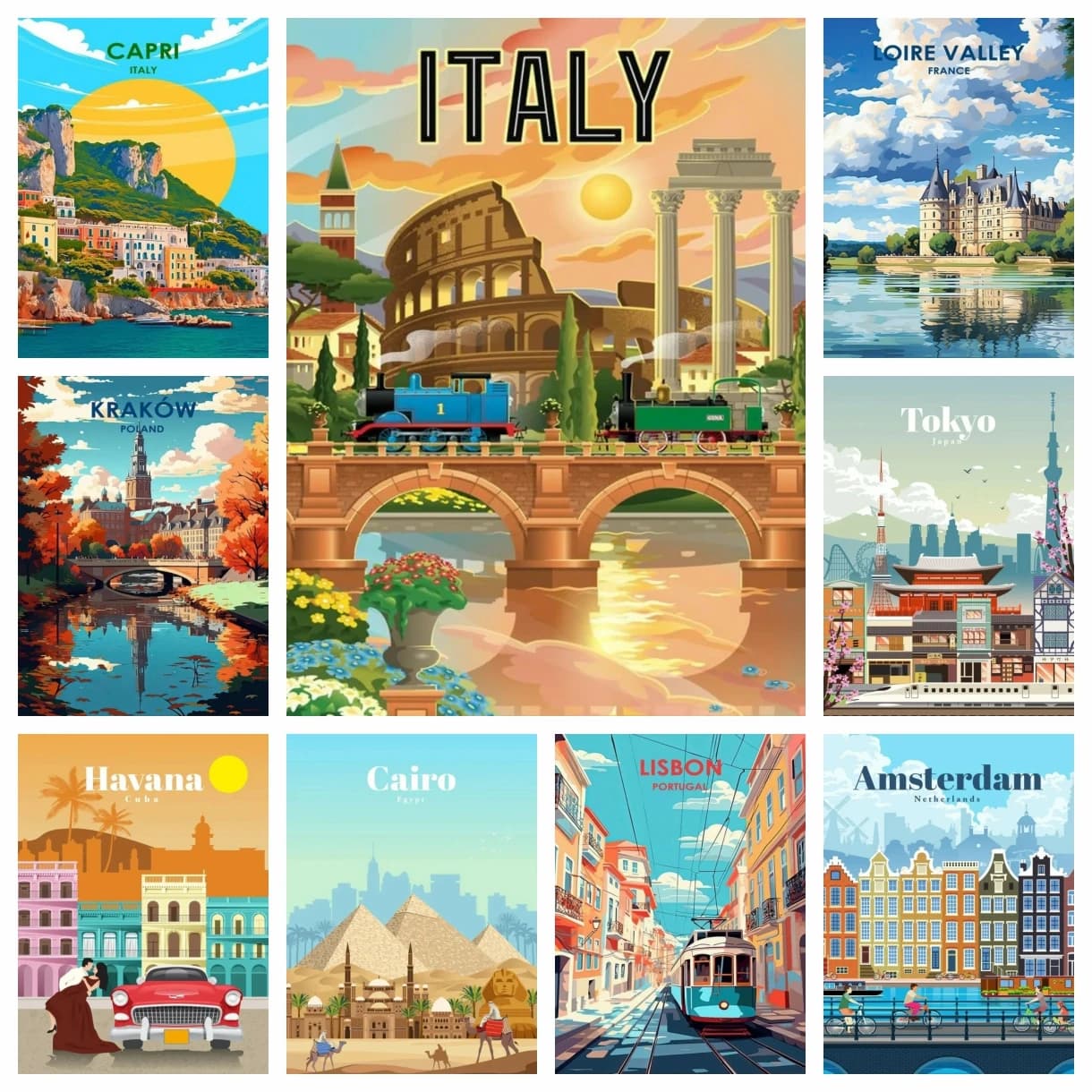 Cartoon City Scenery Diamond Painting Kits Paris Korea Italy Rhinestone Mosaic Embroidery Wall Sticker Home Decor
