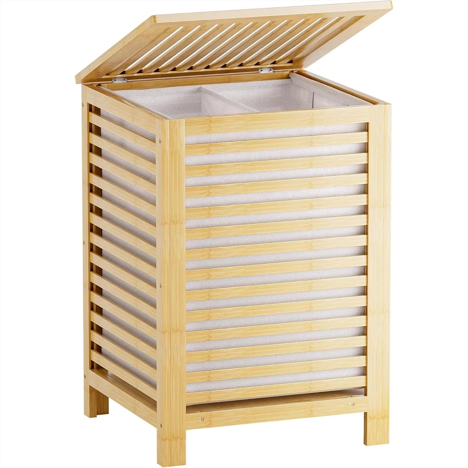 Double Laundry Hamper with Lid, 120L Bamboo Laundry Basket with Removable Liner Bag, 2-Section Clothes Divider for Laundry Room