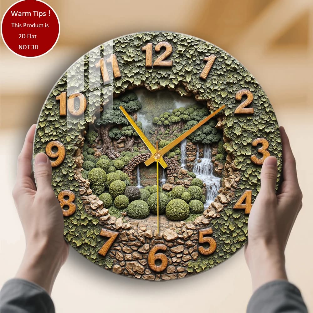 Tempered Glass Wall Clock Garden clock with forest waterfall suitable for wall decorations or table display anywhere