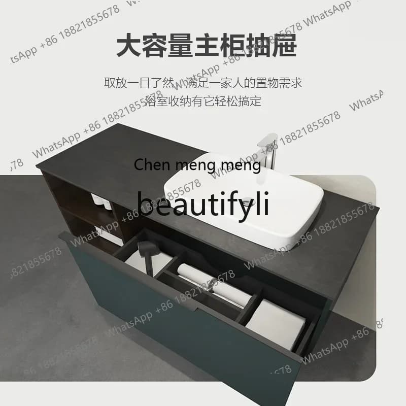 B7304 Combinazione di mobili da bagno Tavolo con inchiostro blu Mobiletto da parete per lavabo Specchio intelligente touch Mobiletto laterale Luce con lavabo