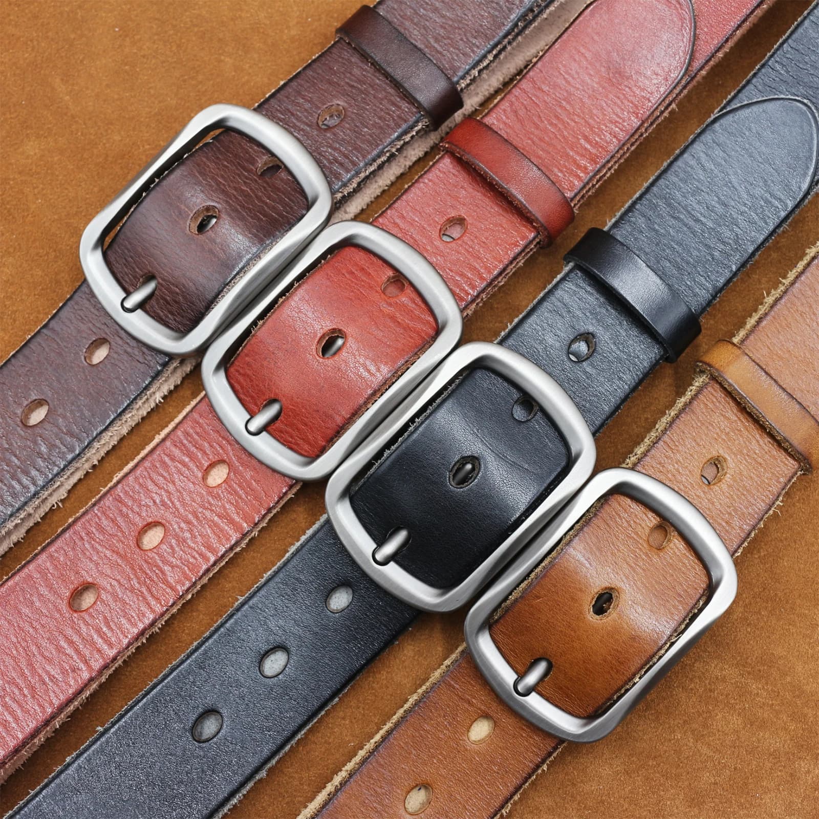Cinture in vera pelle di vacchetta per uomo, con fibbia ad ardiglione, per jeans, cintura da uomo nera o marrone, cintura da lavoro, in pelle di vacchetta spessa
