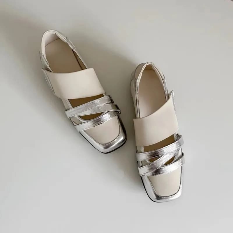 Women's Mary Jane Shoes Square Toe New Retro Velcro Strap Platform Sneakers Metallic Silver Ballet Flats Casual Leather