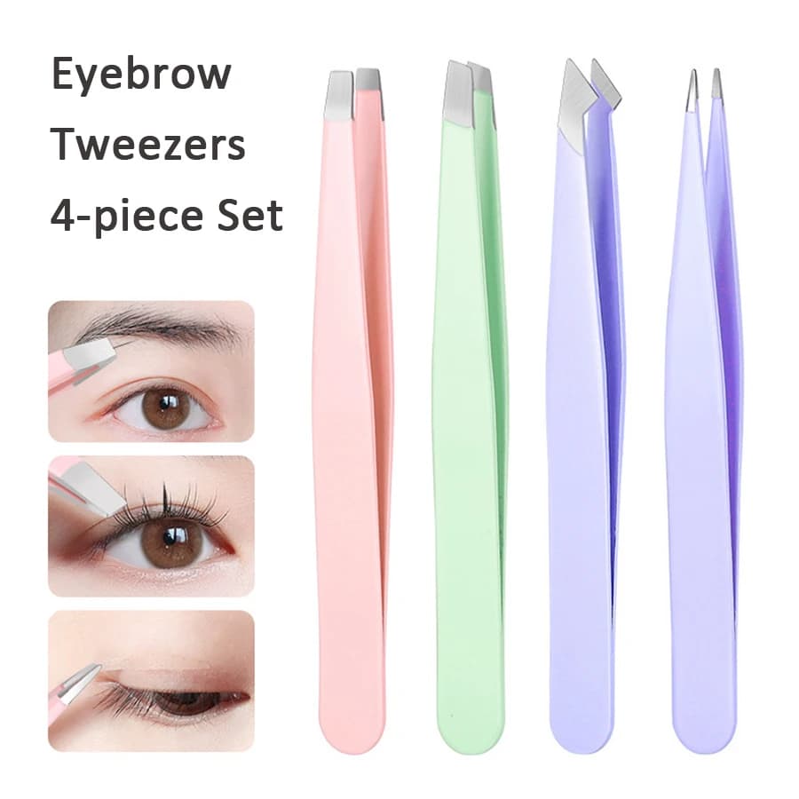 Eyebrow Clips Set of Precision Eyebrow Grips 4 Pieces Stainless Steel Tools for Modeling Eyebrows, Shaving and Application of Fake Eyelashes