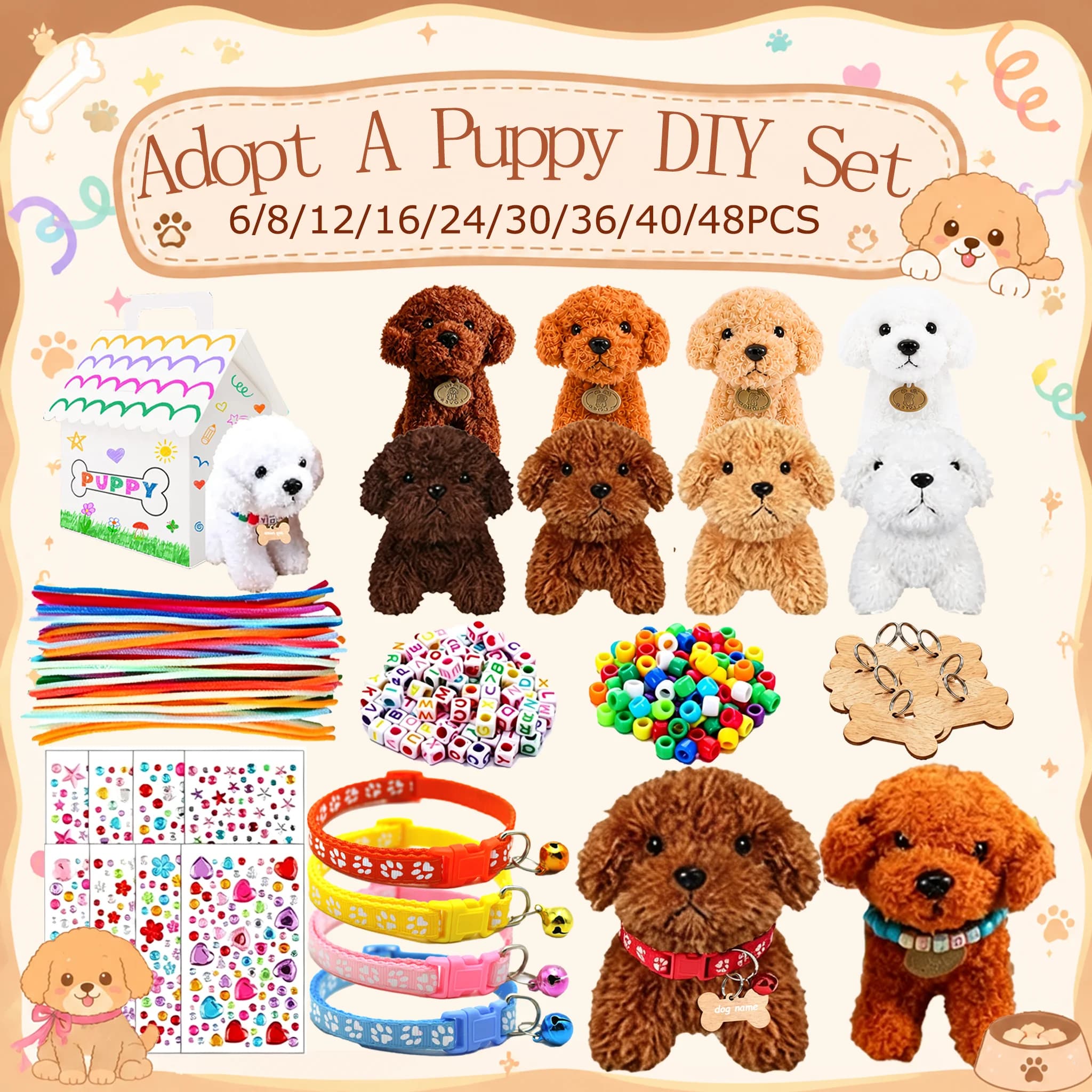 6-48Set DIY Adopt a Puppy Party Favors Teddy Dog Bulk Birthday Adoption Party Dogs Plush With House Beads Necklace Bell Collars