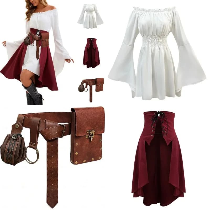 Rinascimental Medieval Pirate Costume for Halloween, Set with Top, skirt and belt for Woman, Outfit for Pirate Theme
