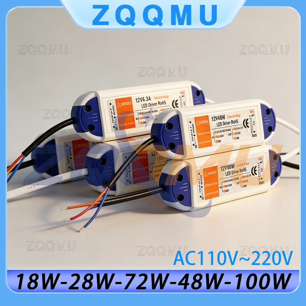 Alimentatore LED 12V, da AC 110V 220V a DC 12V, 18W 28W 48W 72W 100W, Trasformatore Adattatore per Strisce LED