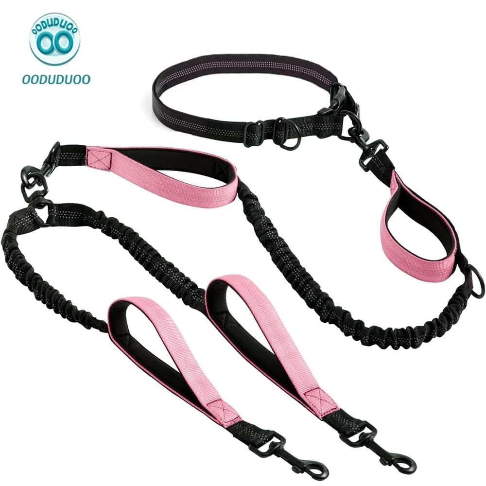 OODUDUOO Guinzaglio doppio per due cani per corsa e fitness Design durevole regolabile a mani libere riflettente multifunzionale per animali domestici
