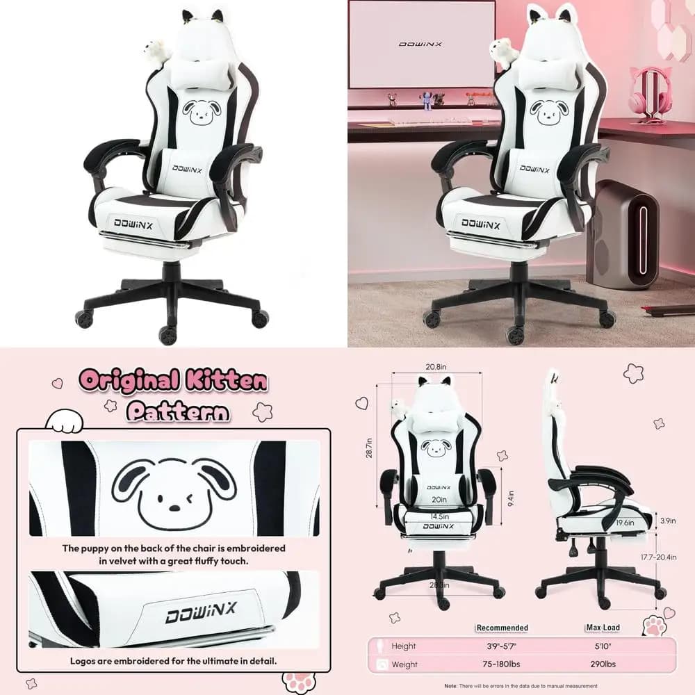 Sedia da Gaming Carina con Cane di Peluche e Supporto Massaggiante, Ergonomica per Ragazze, Comoda per Adolescenti, 290 libbre, Bianco e Nero