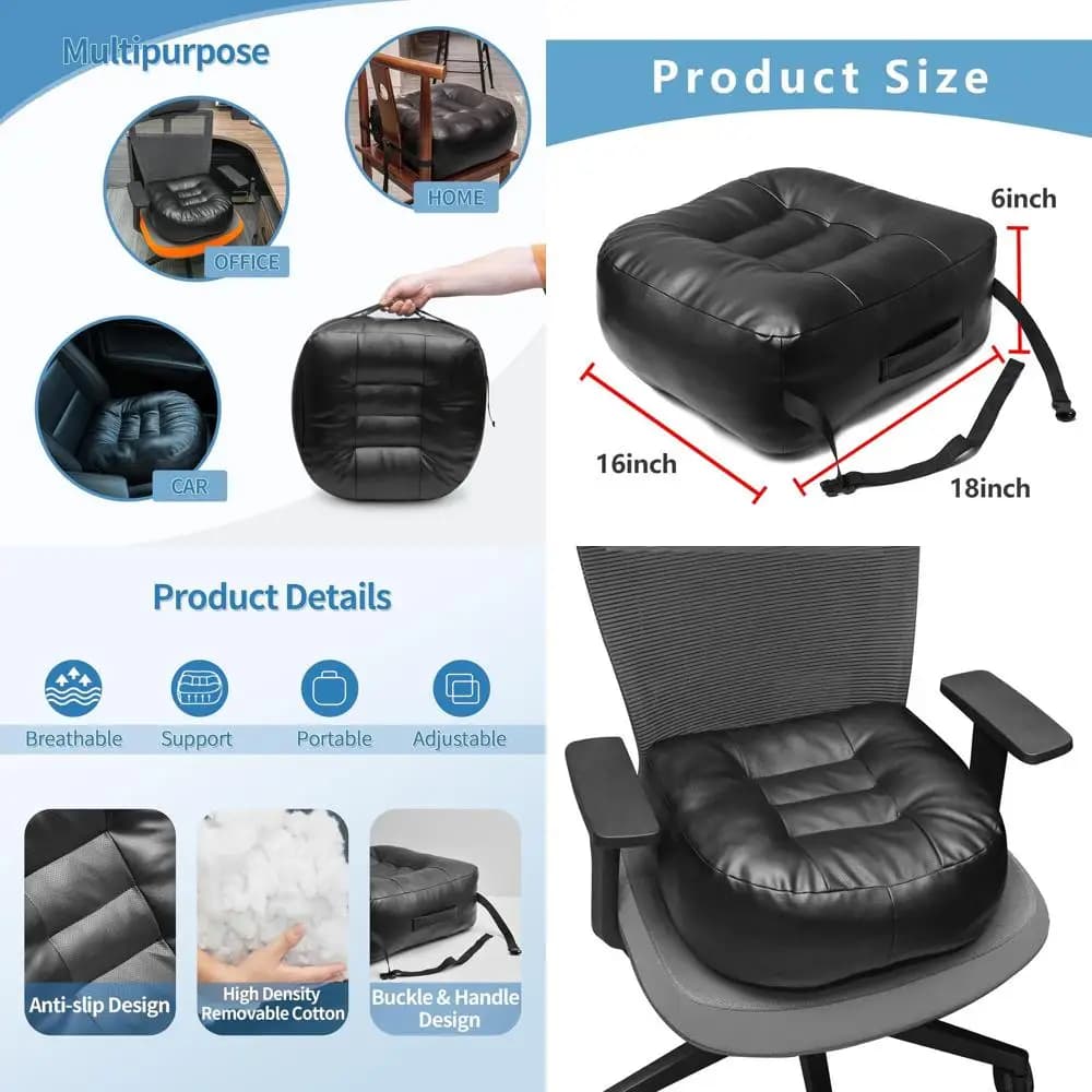 Cuscino Ergonomico Extra Spesso per Sedia da Ufficio - Traspirante, Regolabile, 18x16x6 Nero