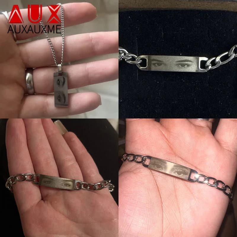 Auxaux Custom Laser Engrave Eye Necklace Bracelet Set for Women Stainless Steel Name Customized Date Logo Chain Pendant