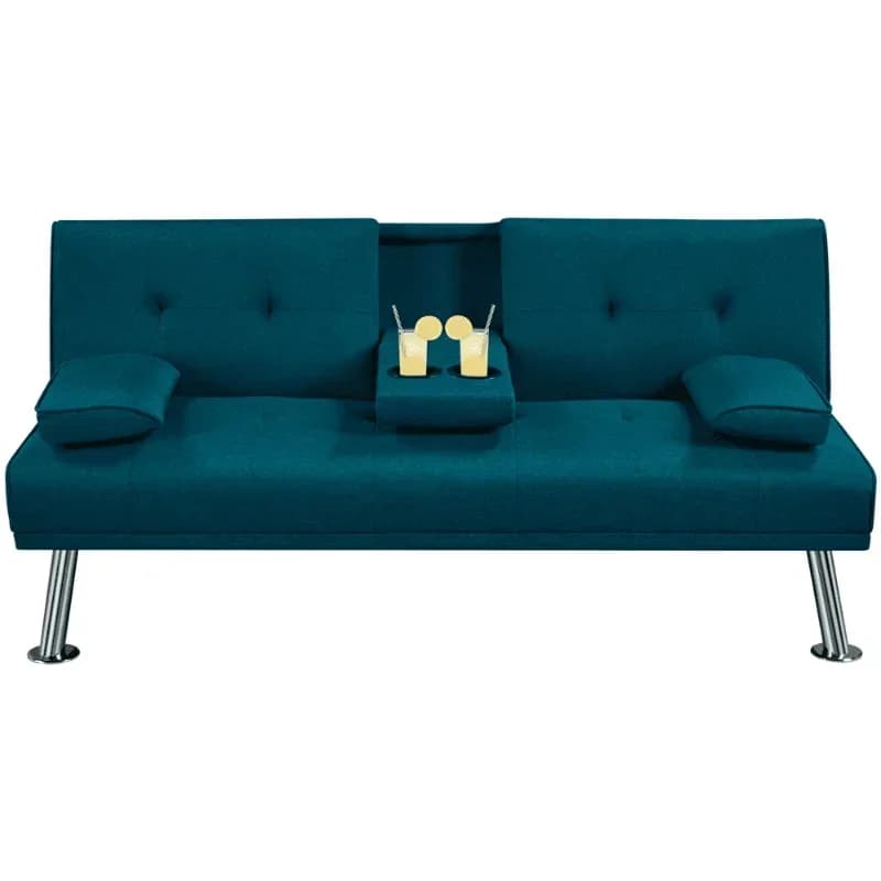 Divano letto trasformabile Easyfashion con gambe in metallo cromato e 2 portabicchieri, divano per soggiorno blu acqua
