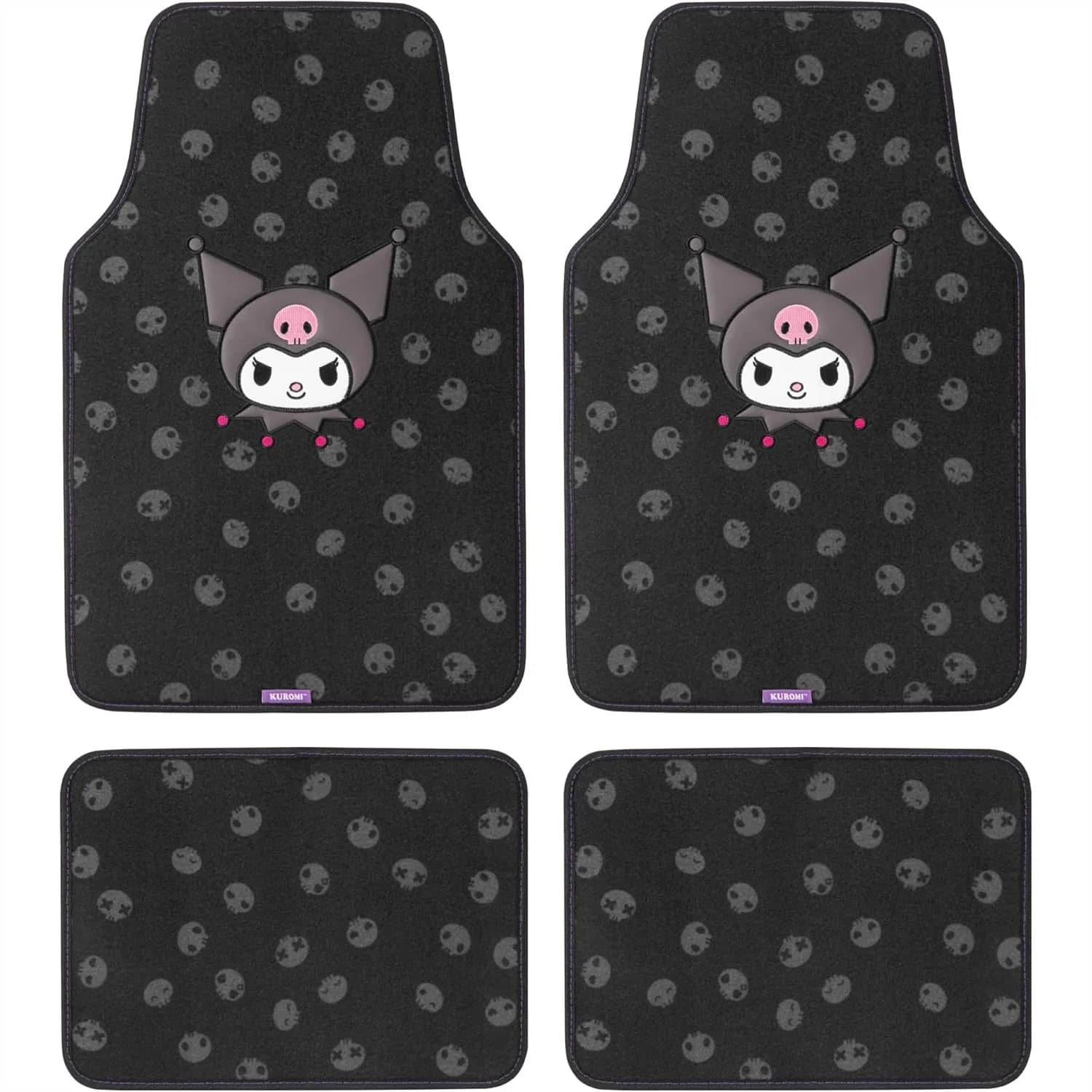 Tappetini per Auto Kuromi, Adatti Universalmente per Auto SUV e Camion, Neri con Dettagli Rosa Viola, Set da 4 Pezzi