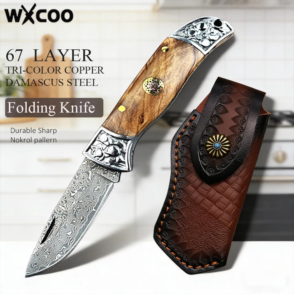Stainless Steel WXCOO Folding Knife with Fodero, Ergonomic Kitchen Knife with Wood Handle, Stainless Steel Kitchen Knife Damascus for Fruit