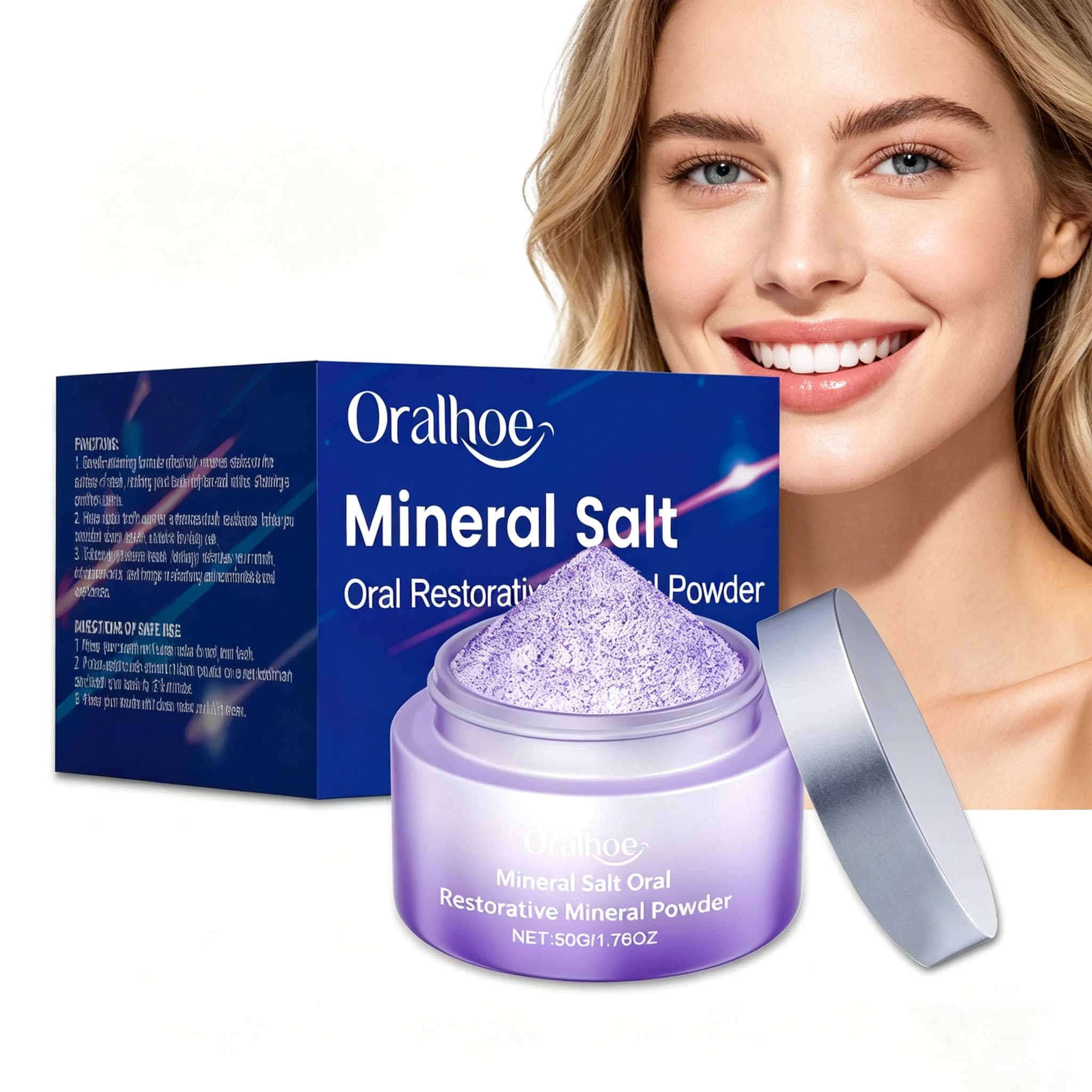 ORALHOE Polvere Minerale Rigenerante per Rimuovere Macchie, Tartaro e Alito Cattivo, Riparare lo Smalto, Denti Sensibili, Cura delle Gengive alla Menta, Polvere Viola