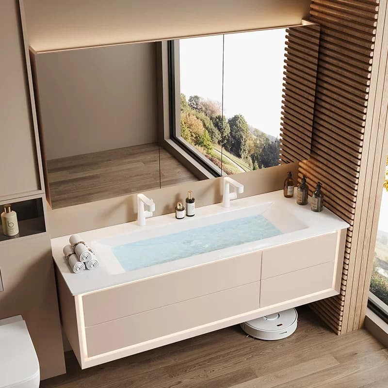 Armadi da bagno in stile nordico color crema Armadi a specchio intelligenti per la rimozione della nebbia a parete Mobili semplici di moda Mueble Lavabo FYBC