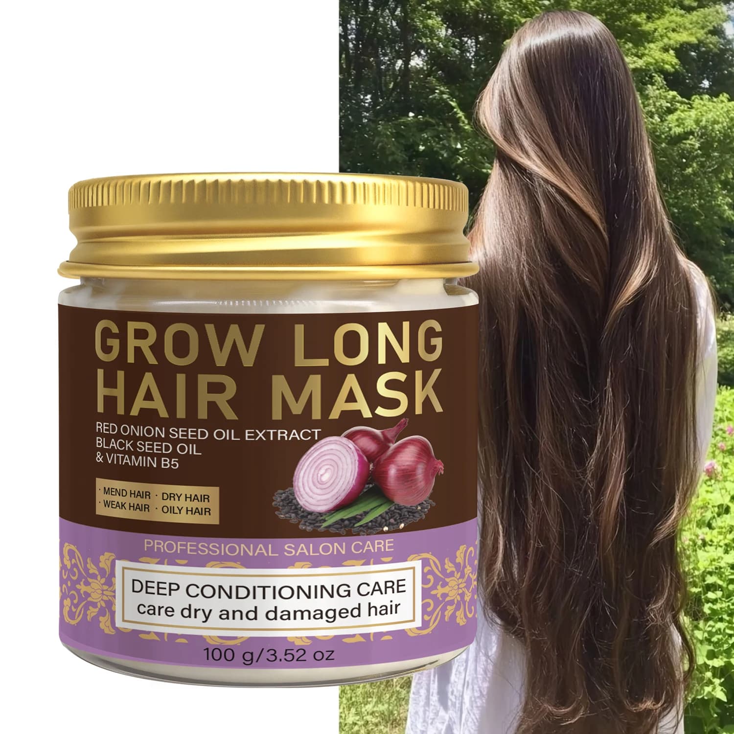 Maschera per capelli all'olio di semi neri di cipolla rossa. Cura Professionale da Salone. Favorezza la crescita di capelli lunghi e forti. La vitamina B5 ripara i capelli secchi e danneggiati. 100g.