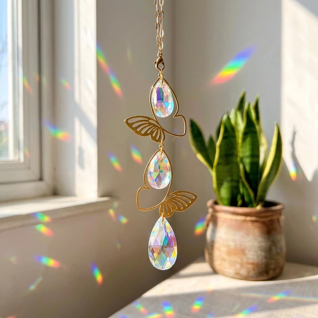 Cattura Sole in Cristallo con Prisma e Farfalla Dorata, Rifrazione della Luce Arcobaleno, Decorazione Durevole per Finestre e Giardini, Regalo per la Casa