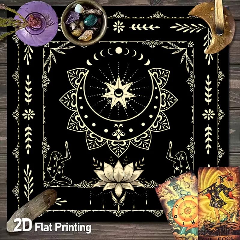Tappeto Altare VIKAMA Nero Oro con Ruote, Tappetino per Meditazione Stregoneria, Decorazione Tavolo Cerimoniale con Rune Lunari